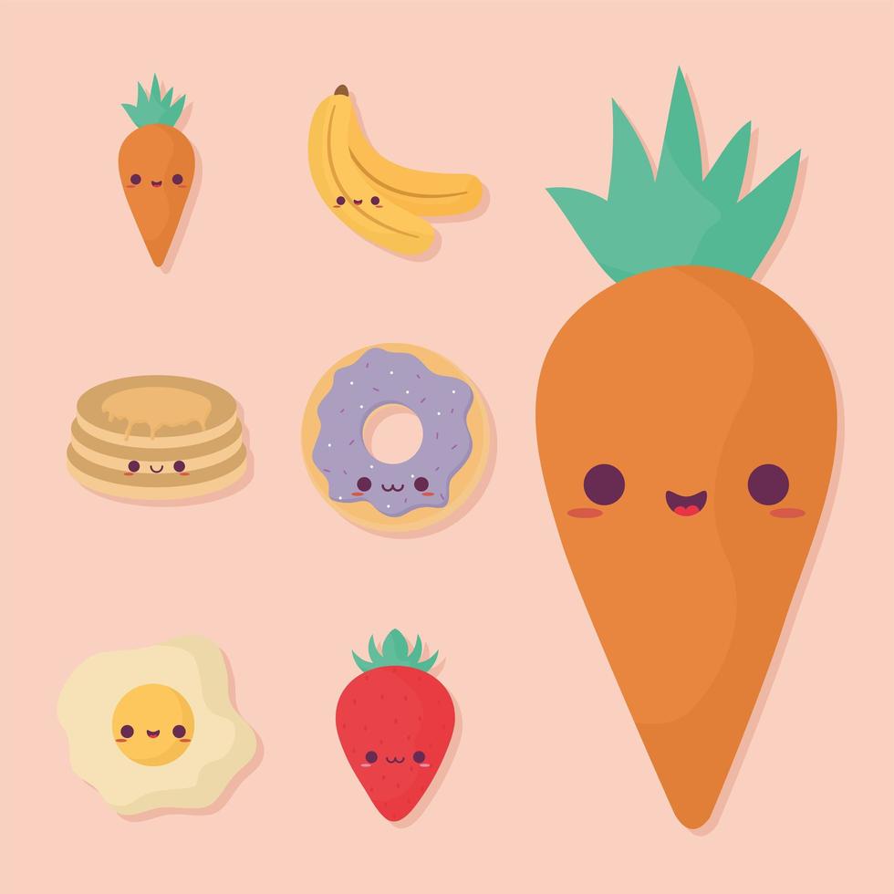 seven kawaii foods vector