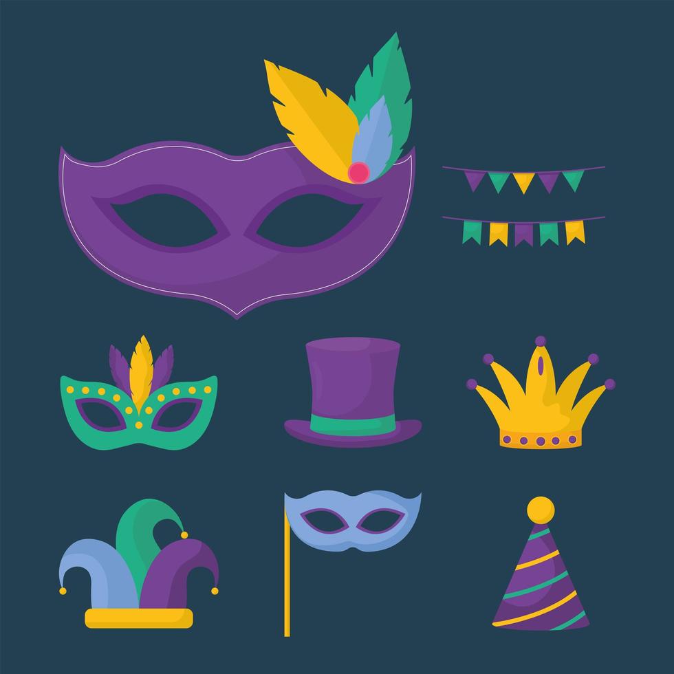 eight mardi gras items vector