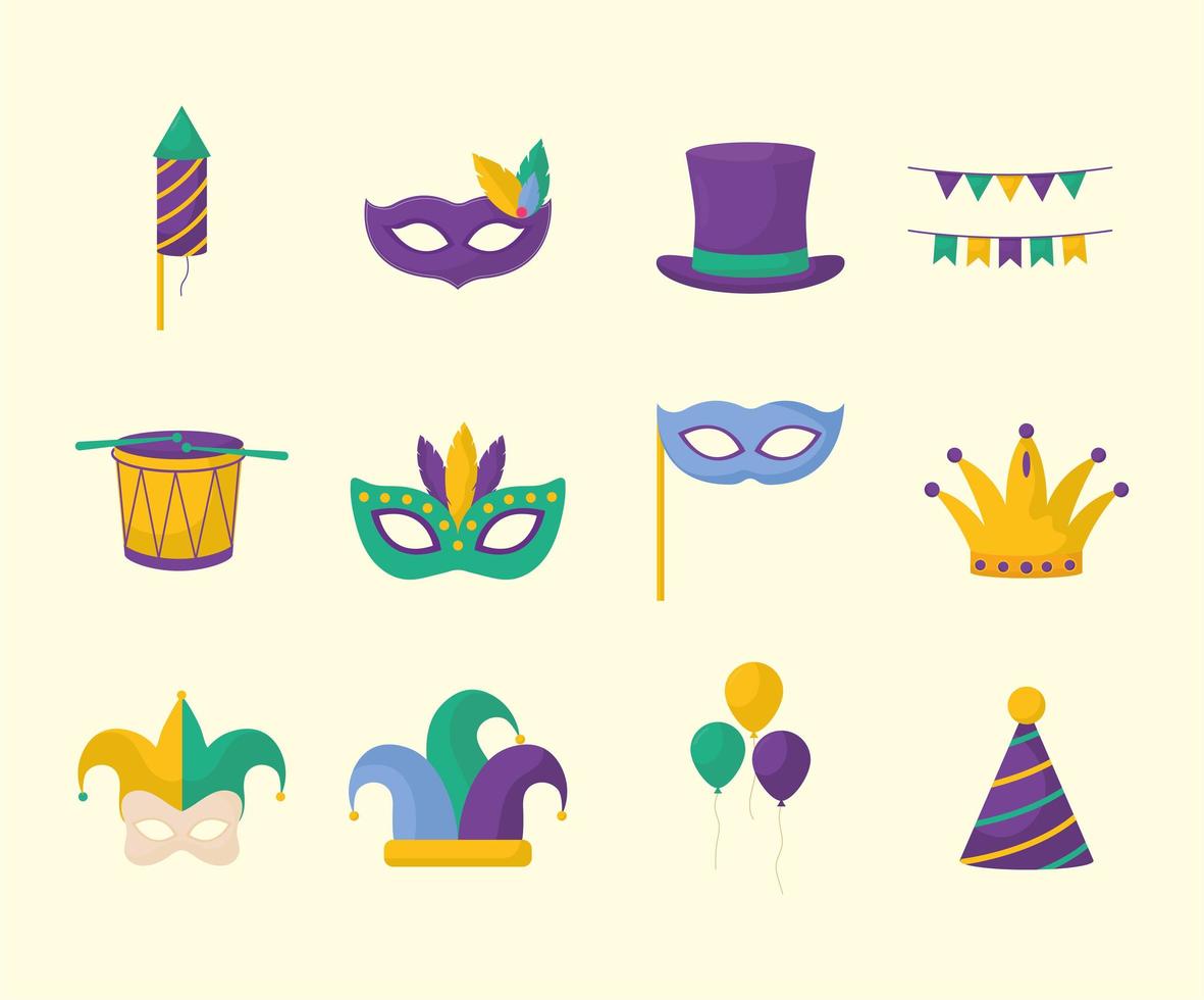 twelve mardi gras items vector