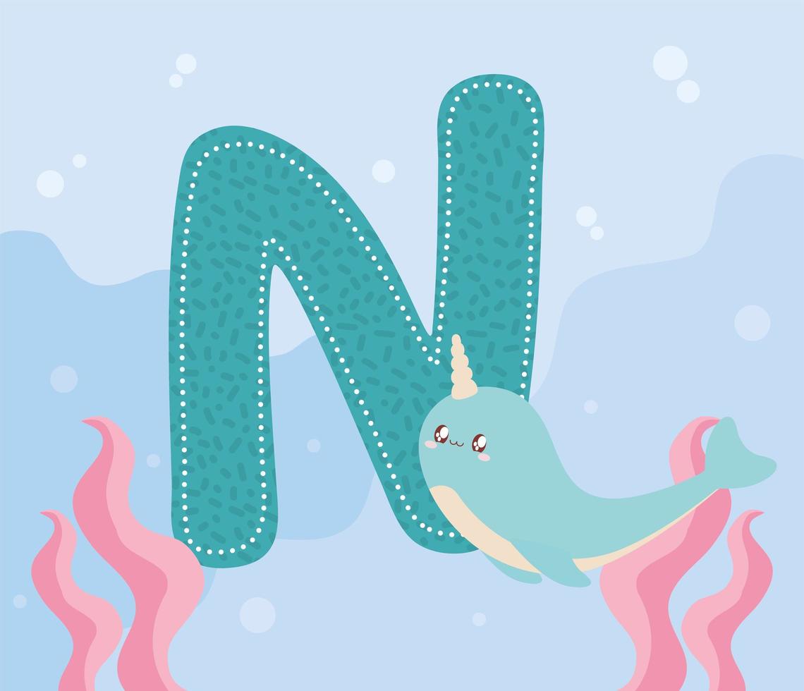 narwhal and letter N card vector