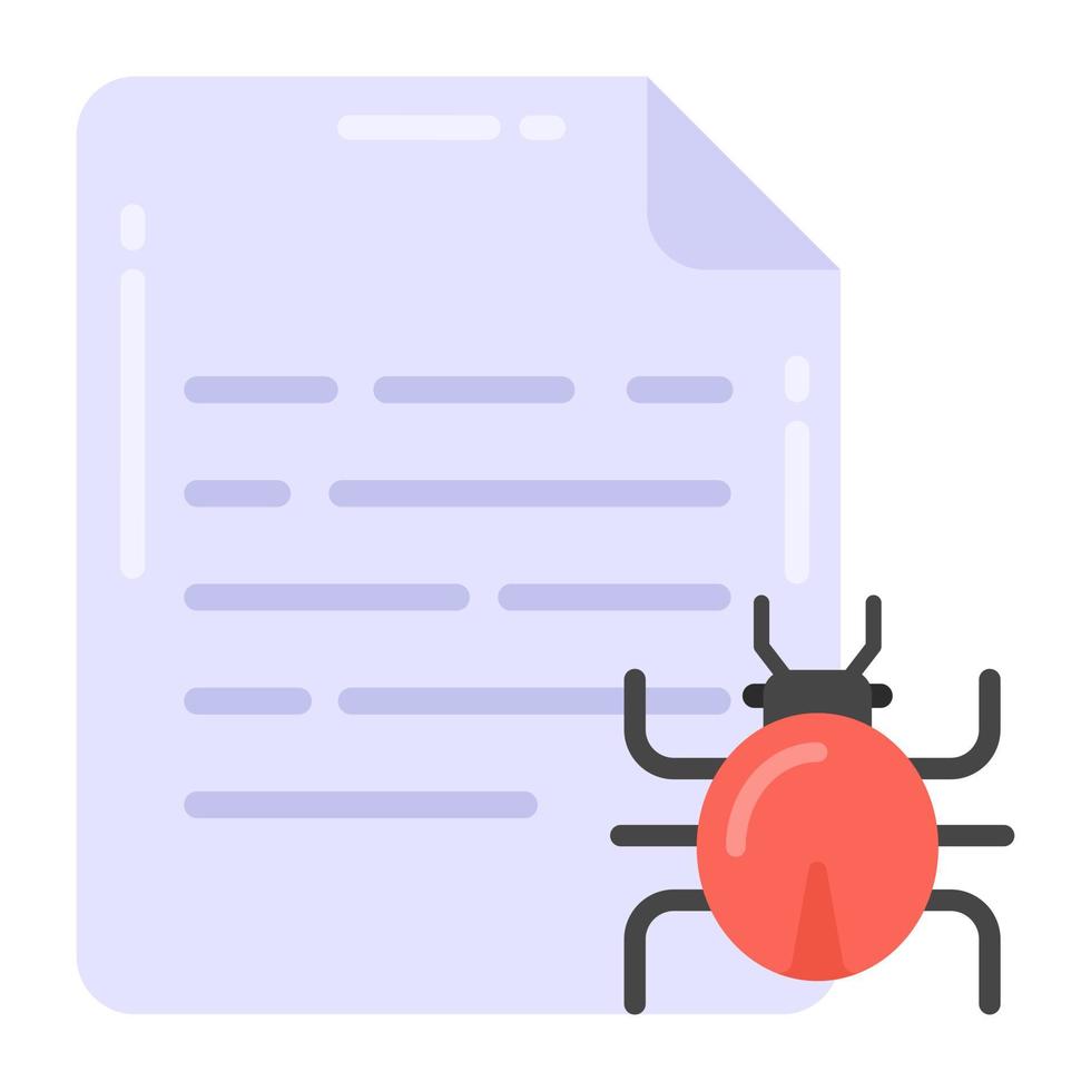 Bug with paper denoting flat icon of malicious file vector