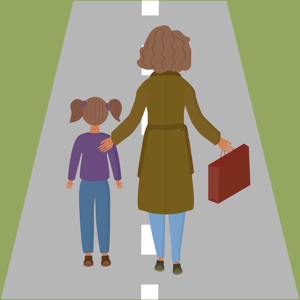 madre e hija caminan por el camino. vector