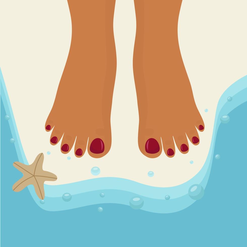 Women's feet with painted nails on the sand by the sea. Vector illustration.