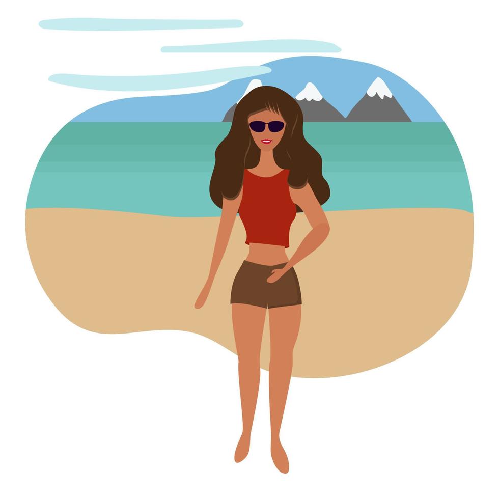 hermosa chica en shorts y gafas de sol en la playa. vector