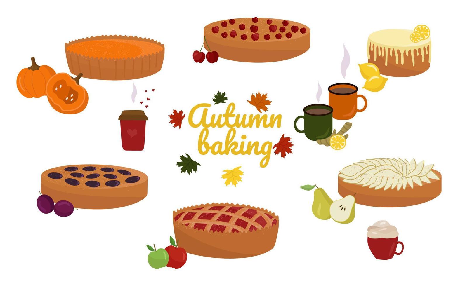 pasteles de otoño, juego de pasteles dulces. con calabaza, manzanas, peras, cerezas, limón. vector. en el estilo de dibujo a mano. vector