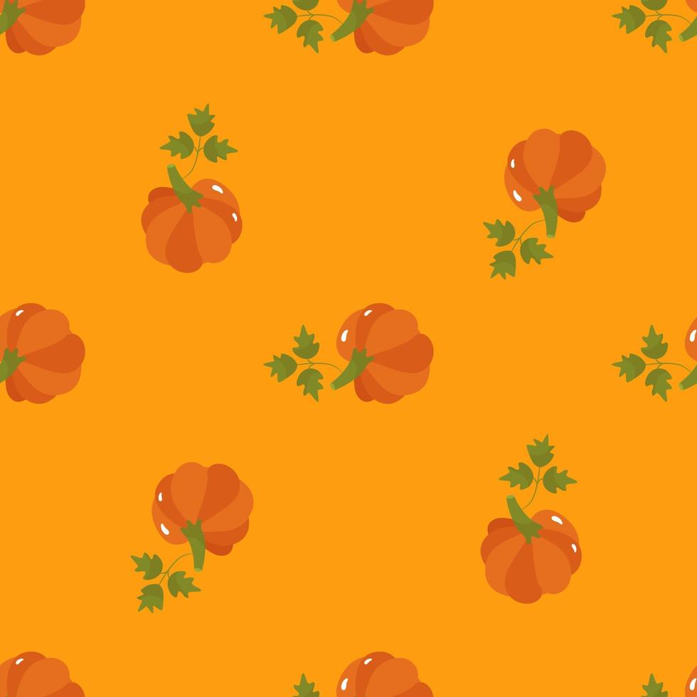 Autumn seamless pattern with colorful orange pumpkins with green leaves. Vector illustration on a yellow background. For packaging design, wrapping paper, printing on paper or fabric