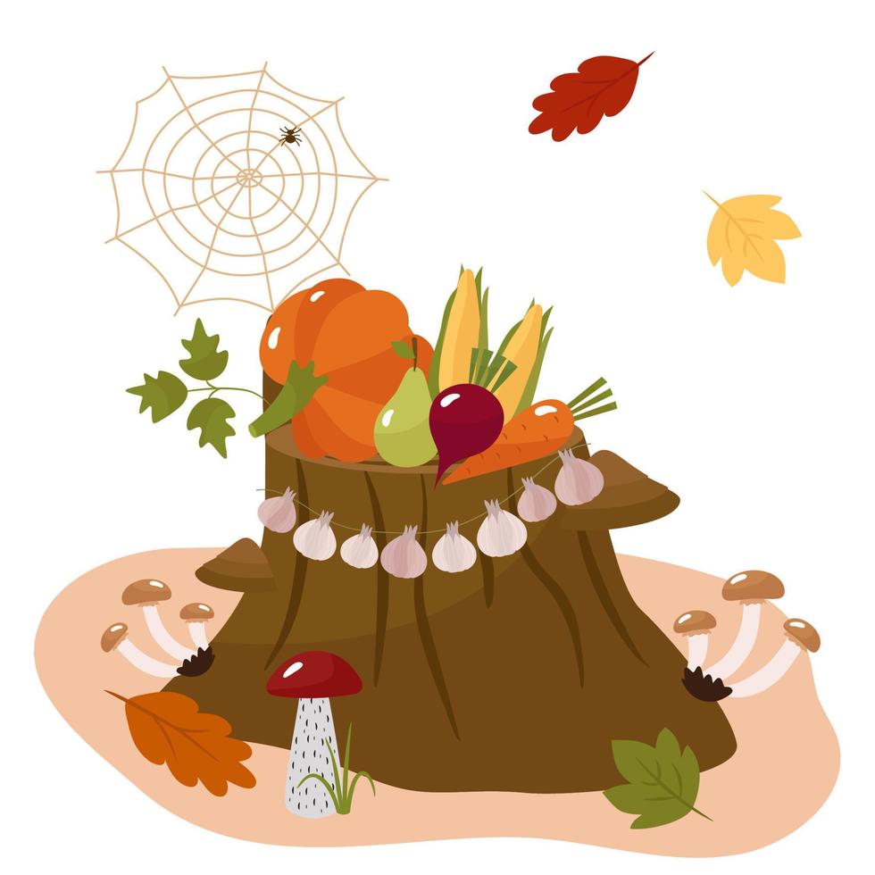 Autumn fruits and vegetables on a forest stump. Pumpkin, corn, apples, pears, mushrooms, garlic. Vector illustration for a postcard design or decor