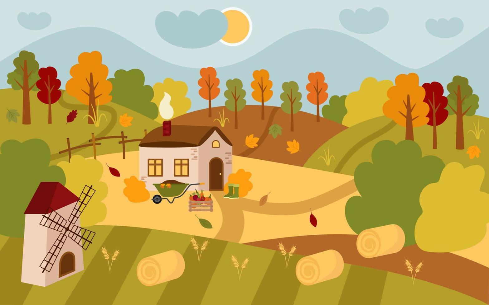 paisaje vectorial de una casa de pueblo de otoño. campo acogedor, campos, prados, heno, sol, nubes, carretilla de jardín, cosecha, hojas cayendo. ilustración de dibujos animados plana. vector