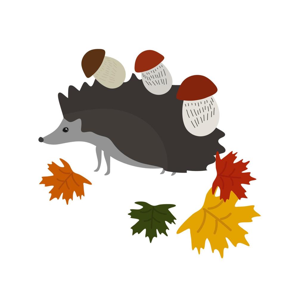 Autumn. Hedgehog with mushrooms. Vector illustration. In the style of hand drawing.