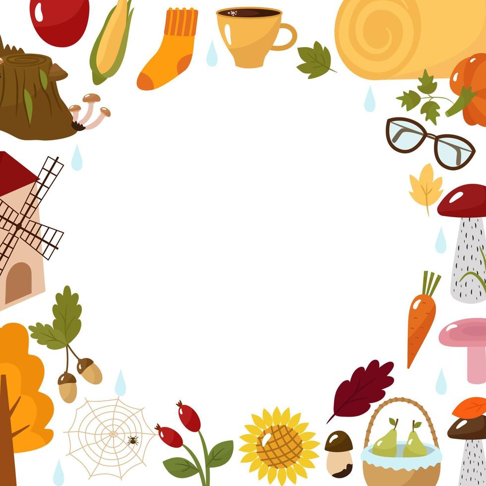 Autumn template for the text in the center. Cartoon pictures with socks, corn, pumpkin, mill, mushrooms, basket, shoes, cobwebs. The vector illustration. For design or decoration.