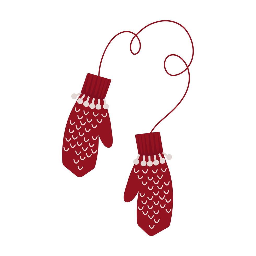 Winter warm knitted mittens, red with a pattern, a beautiful pair. Cute vector illustration. For a holiday card, banner, menu, flyer.