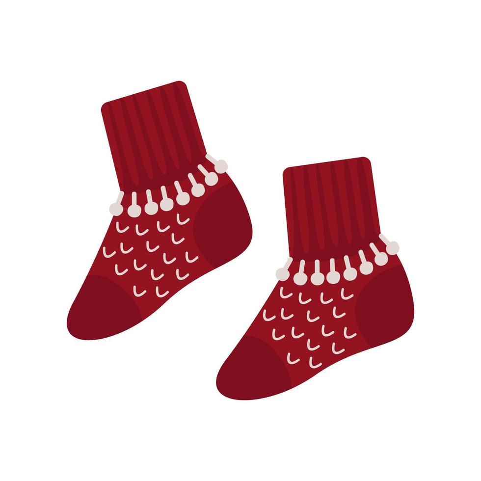 Winter warm knitted socks, red with a pattern, a beautiful pair. Cute vector illustration. For a holiday card, banner, menu, flyer.