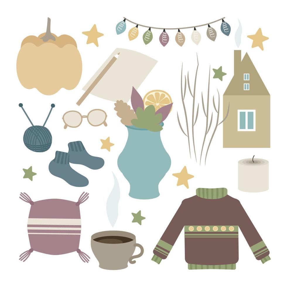 Cozy autumn set of elements with the style of hugge. Sweater, twigs, socks, house, pumpkin, coffee, pencil, stars. Vector illustration isolated.