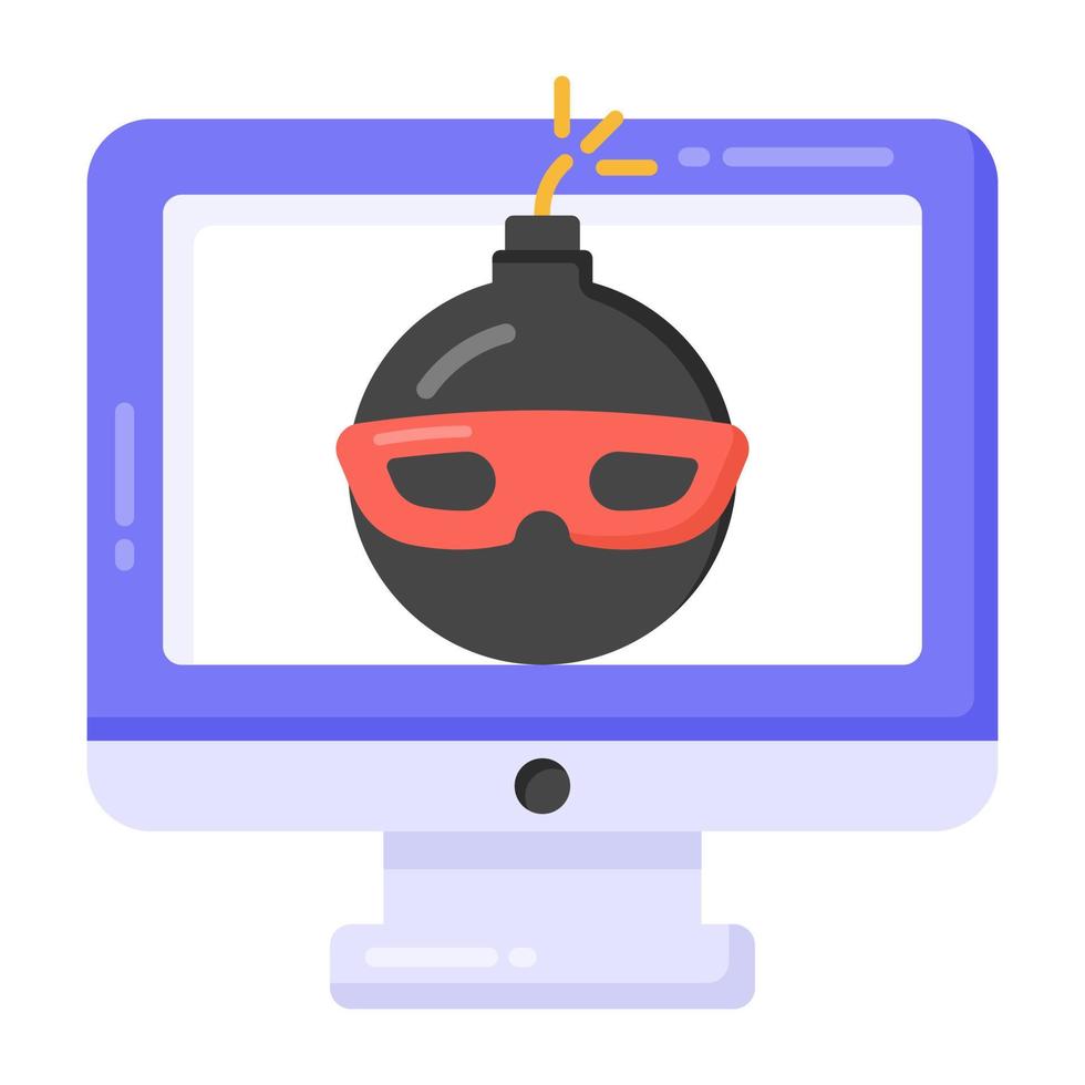Bomb inside screen denoting flat icon of hacked monitor vector