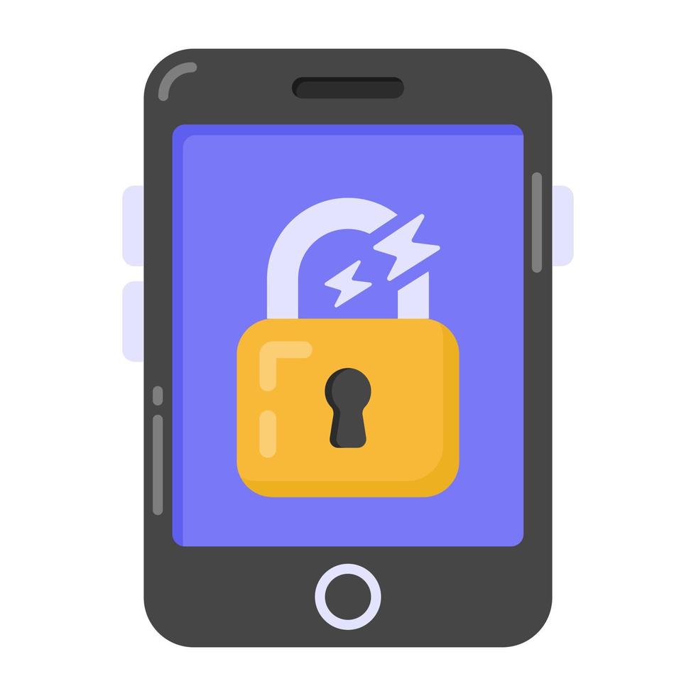 Padlock inside phone denoting flat icon of cracked mobile lock vector