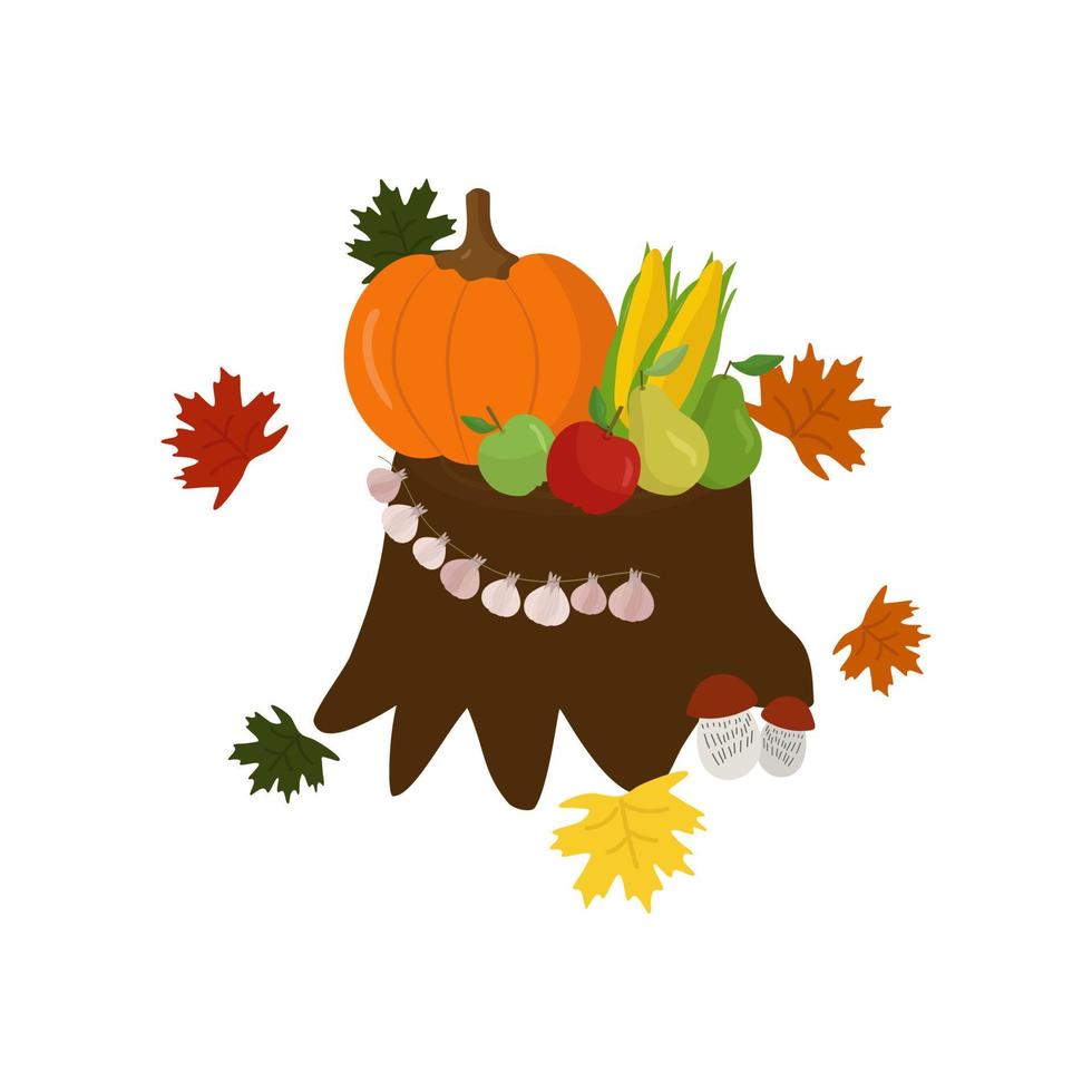 Autumn fruits and vegetables on a forest stump. Pumpkin, corn, apples, pears, mushrooms, garlic. Vector. In the style of hand drawing. vector