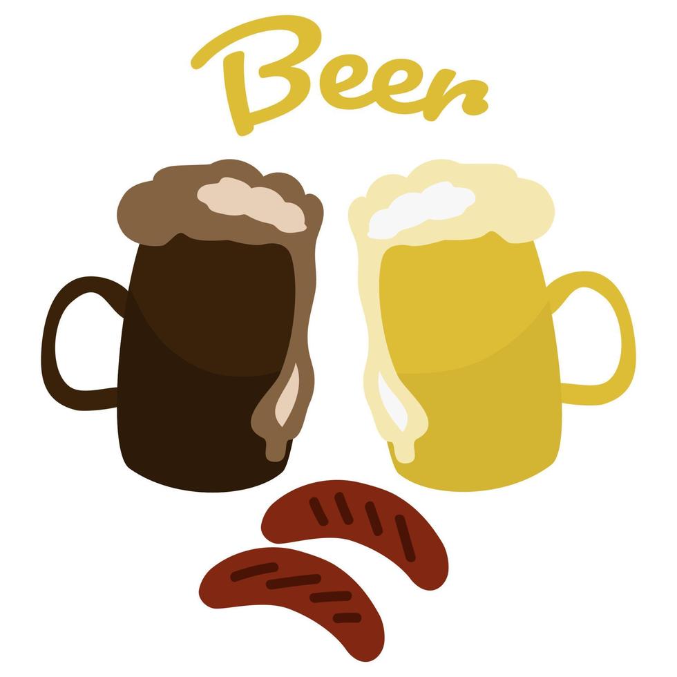 Beer in mugs is light and dark. And grilled sausages. Vector. In the style of hand drawing. vector