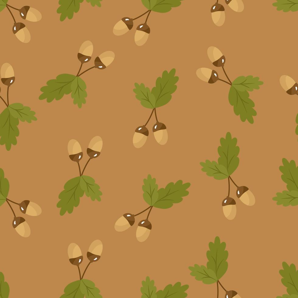 Acorns and oak leaves are a seamless autumn pattern on a beige background. Vector illustration in a flat style for a website, printing on paper, fabric, packaging.