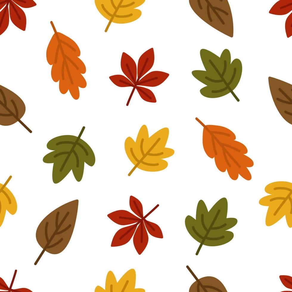 Autumn leaves of oak, maple trees seamless pattern on a white background. Vector illustration in a flat style for a website, printing on paper, fabric, packaging.