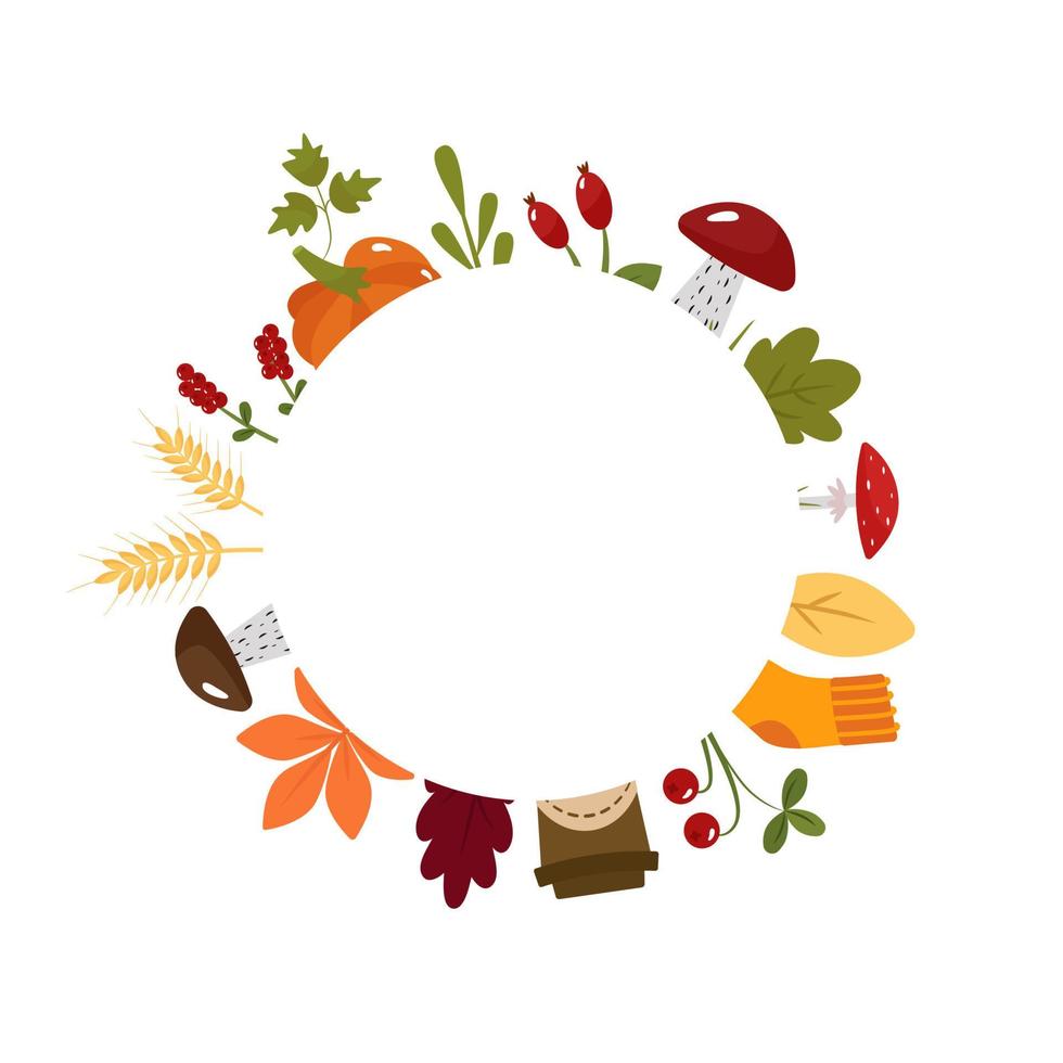 Autumn template, text frame in the center, in the shape of a circle. Pictures with socks, cranberries, coffee, wheat, pumpkin, mushrooms, carrots,rosehip. The vector illustration is isolated.