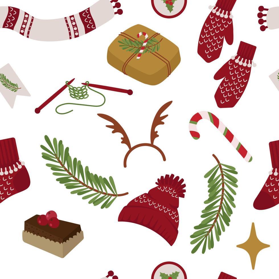 Seamless Christmas pattern with cozy winter elements. Fir branch, gift, knitted sock, scarf, mittens with patterns. Festive vector background of printing on paper, fabric for scrapbooking.