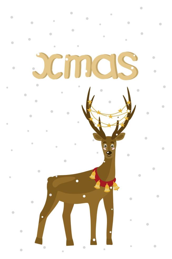 Christmas card with an inscription xmas and a deer. On the horns of a garland with stars, neck bells. Snow is falling. Vector minimalistic hand-drawn illustration.