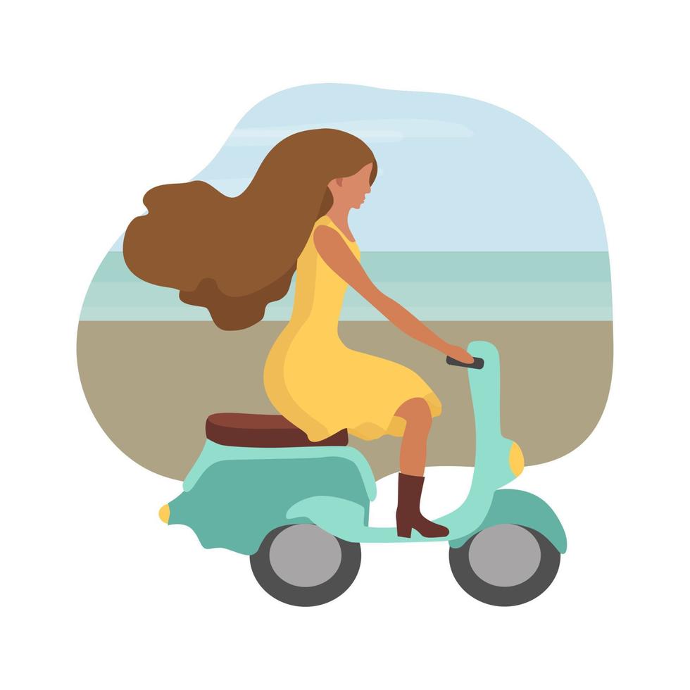 Summertime. A girl in a yellow dress on a moped rides along the sea line. vector