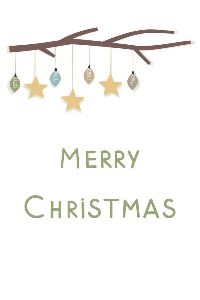 tarjeta de felicitación con una rama con juguetes y la inscripción feliz navidad. ilustración vectorial en un estilo minimalista. vector