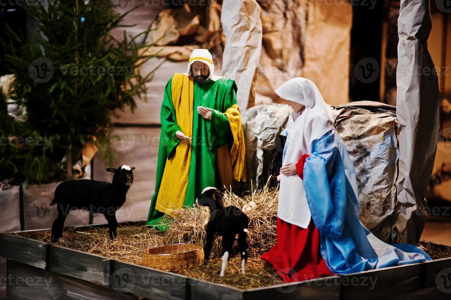 Very large christmas nativity crib. Jesus in the manger. Holy family photo