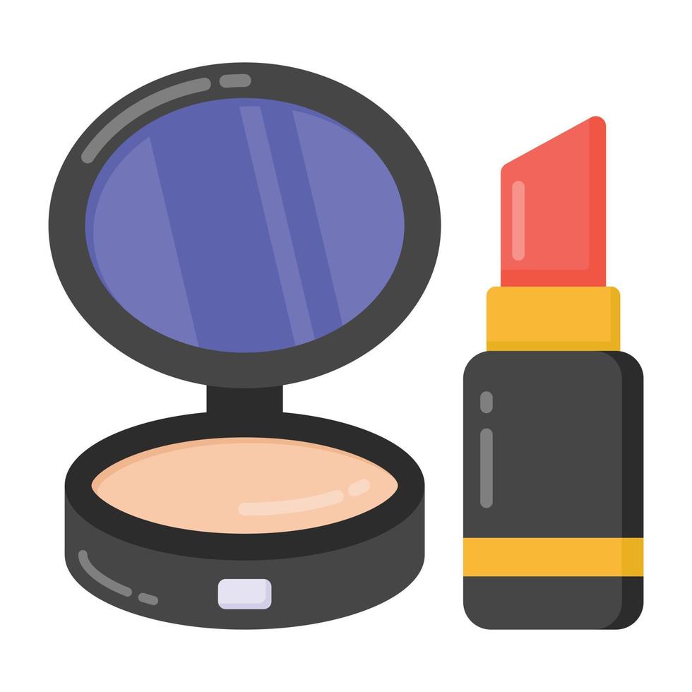 icono plano de maquillaje, pintalabios con polvo compacto vector