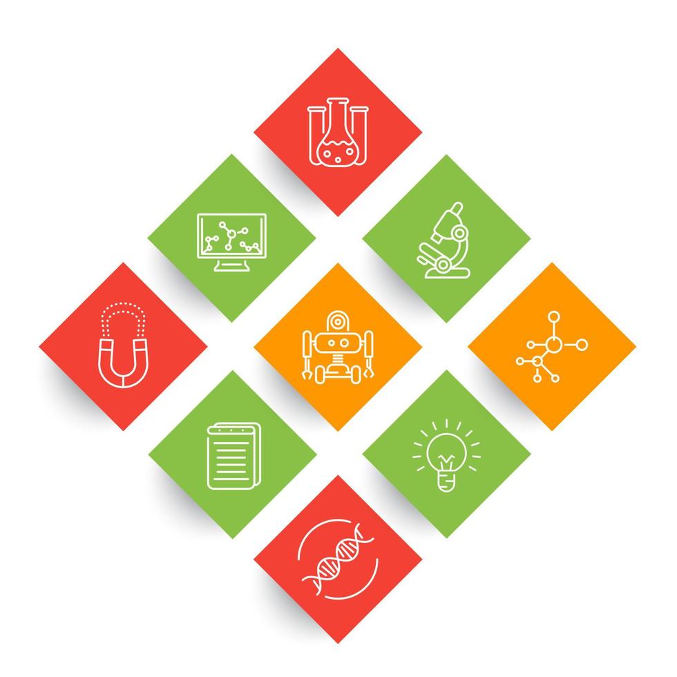 Science line icons, laboratory, genetics, chemistry, physics, biology, research rhombic icons on white, vector illustration