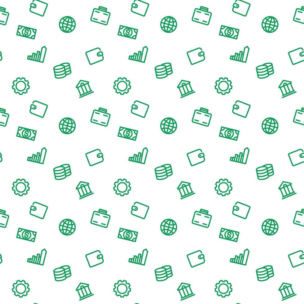 seamless pattern with finance icons, green on white, vector illustration