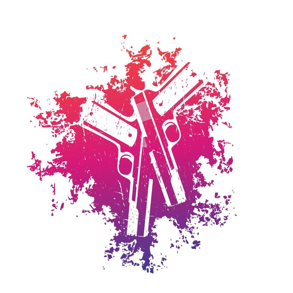 guns on the grunge splash, 2 pistols, handguns, t-shirt print over white, vector illustration