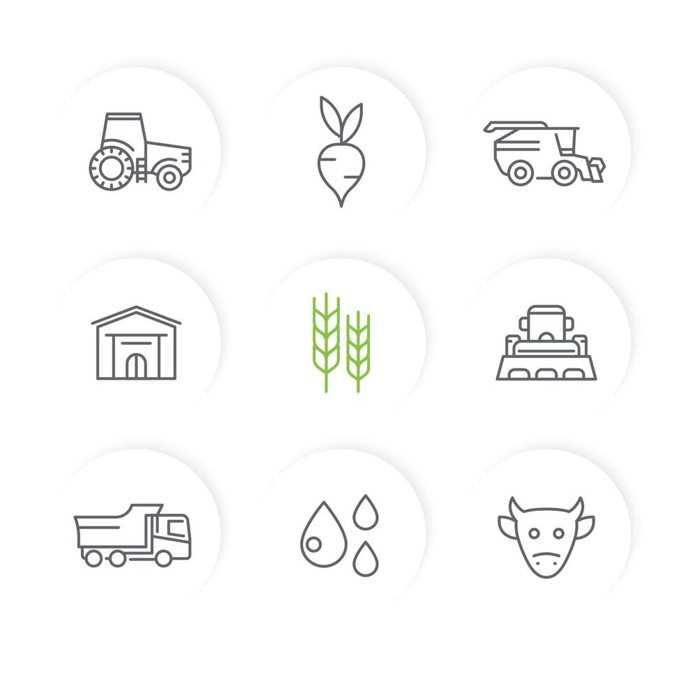 Agriculture, farming line icons set, tractor, agrimotor, harvester, cattle, agricultural machinery, storehouse vector