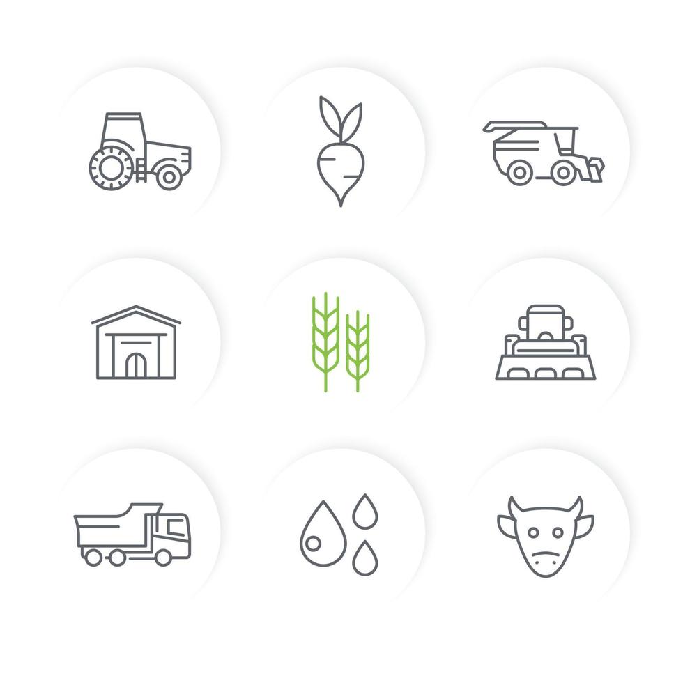 agricultura, conjunto de iconos de líneas agrícolas, tractor, agrimotor, cosechadora, ganado, maquinaria agrícola, almacén vector