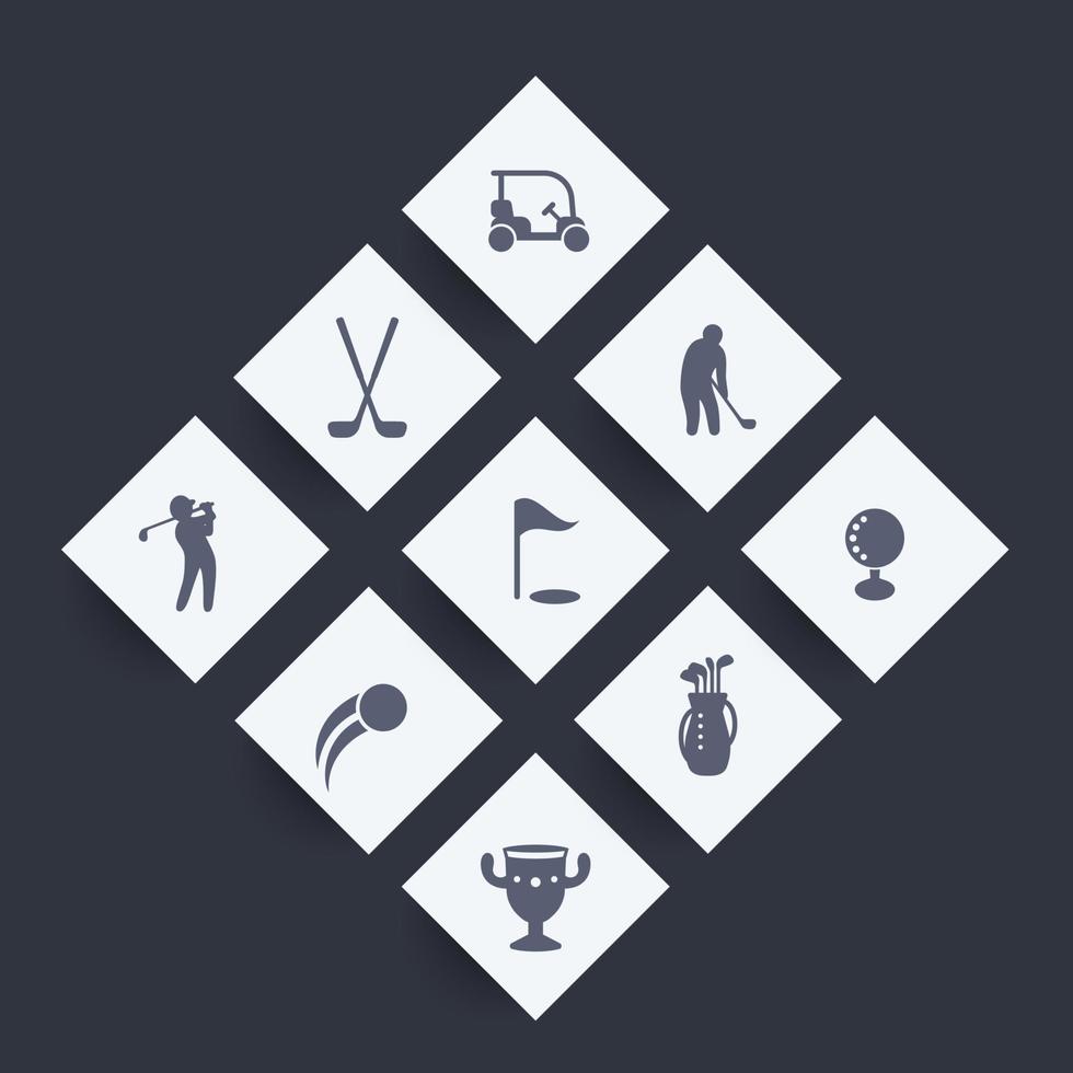 iconos de golf, palos de golf, jugador de golf, golfista, bolsa de golf, signos de golf, conjunto de iconos rómbicos, ilustración vectorial vector