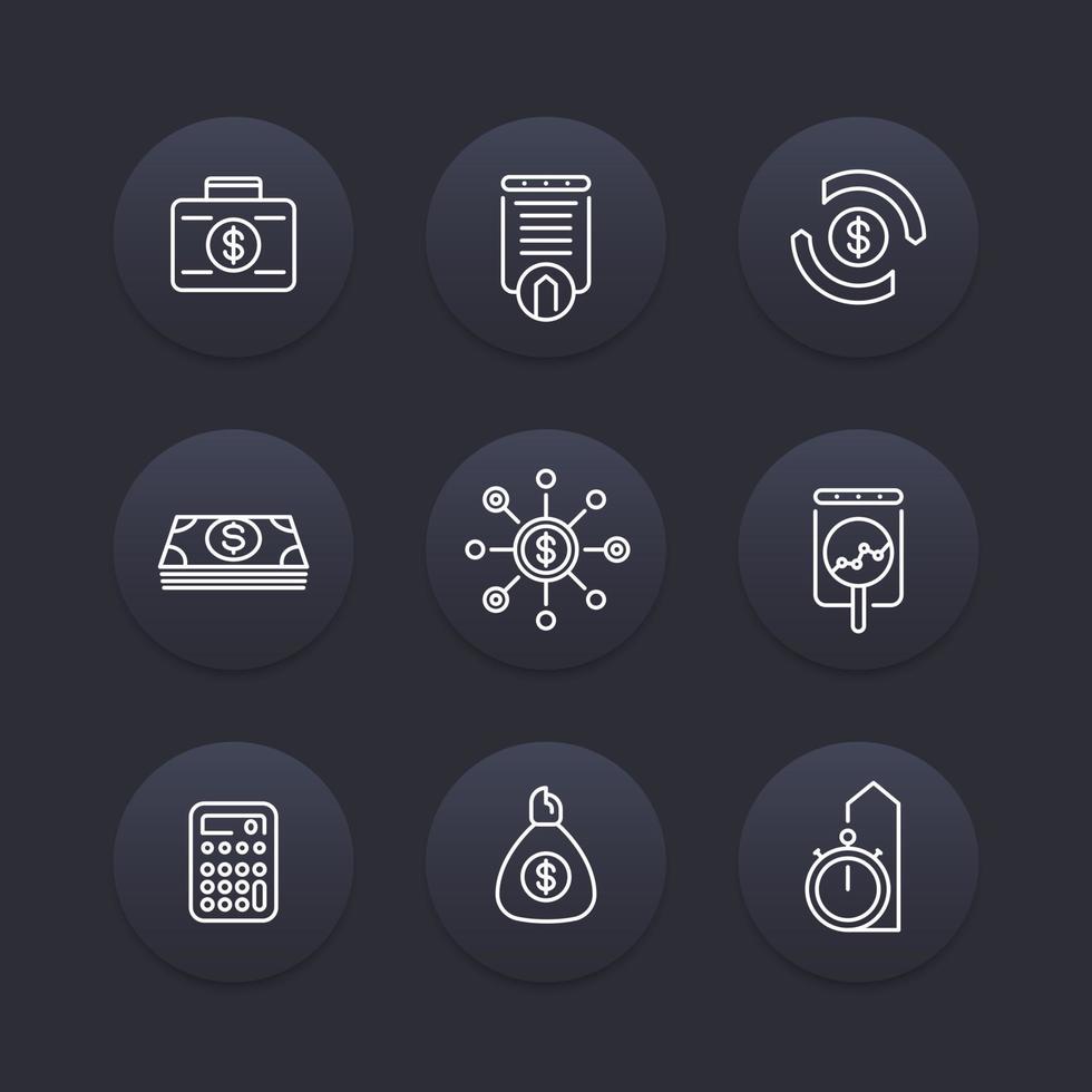 finance, investments, investment analysis line icons, finance pictograms, dark icons set, vector illustration