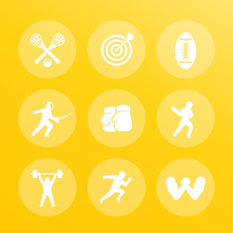 sports icons set, archery, boxing, lacrosse, cricket, running, arm wrestling, fencing, football, weightlifting vector
