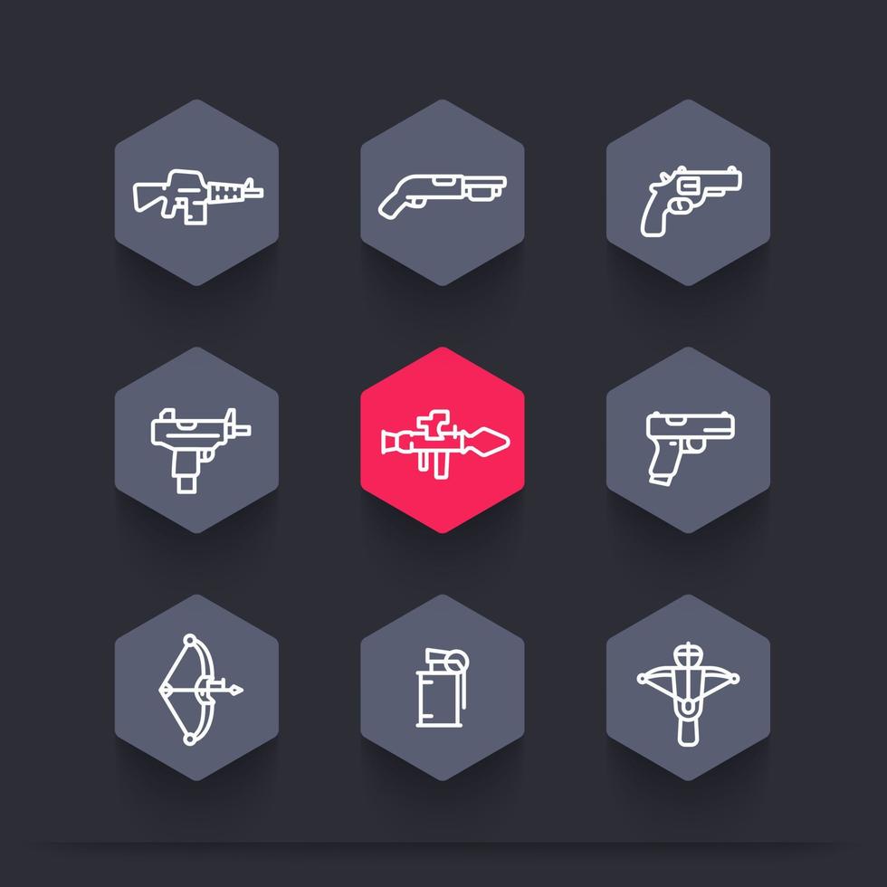 íconos de armas ambientados en estilo lineal, lanzacohetes, pistola, metralleta, rifle de asalto, revólver, escopeta, granada vector