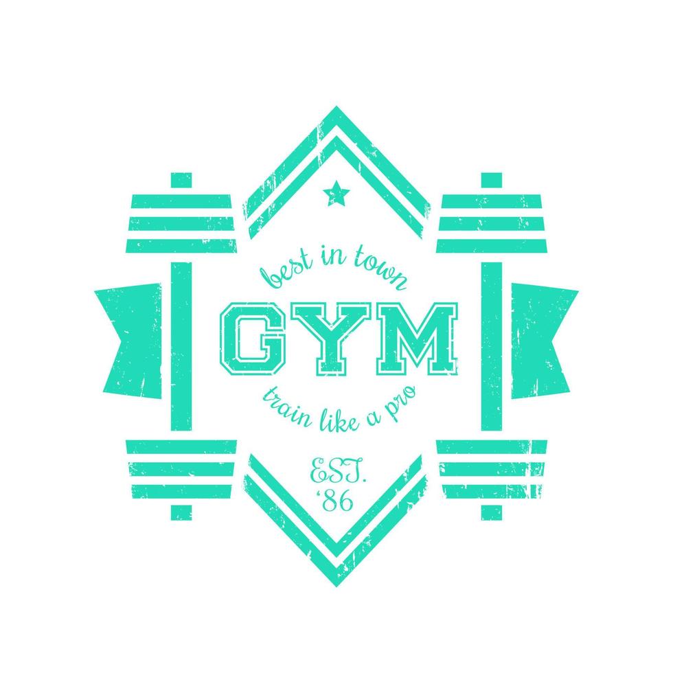 Grunge vintage gym logo, logotype with barbells, vintage gym t-shirt design, green on white, vector illustration