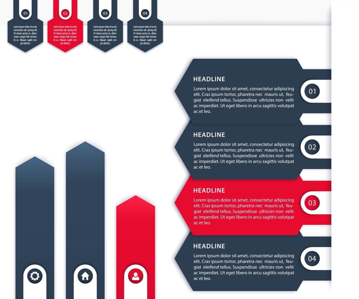 Business Infographics vector elements, 1, 2, 3, 4 steps, timeline and arrows in blue and red over white