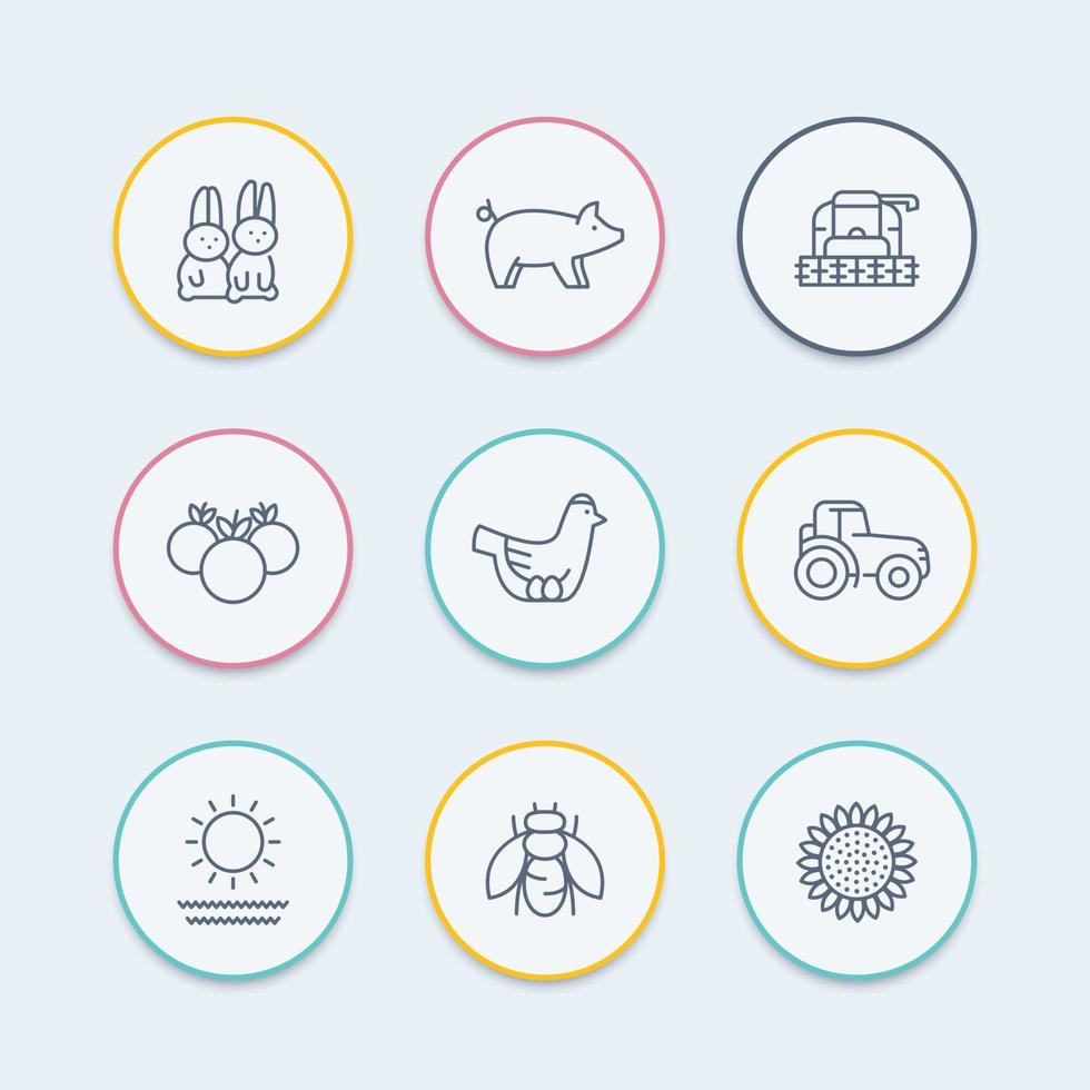 Farm, ranch line icons, tractor, harvester, hen, pig, rabbits, crop, round icons set, vector illustration