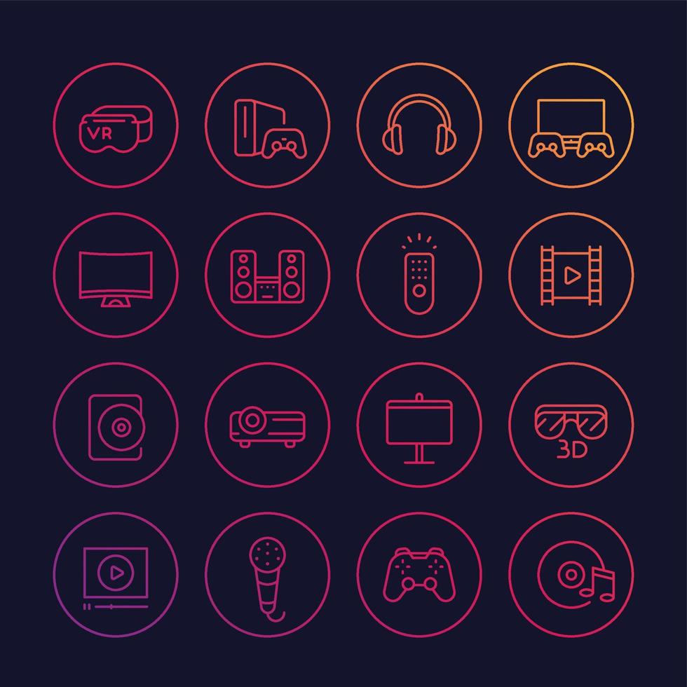 home entertainment system, multimedia vector linear icons set