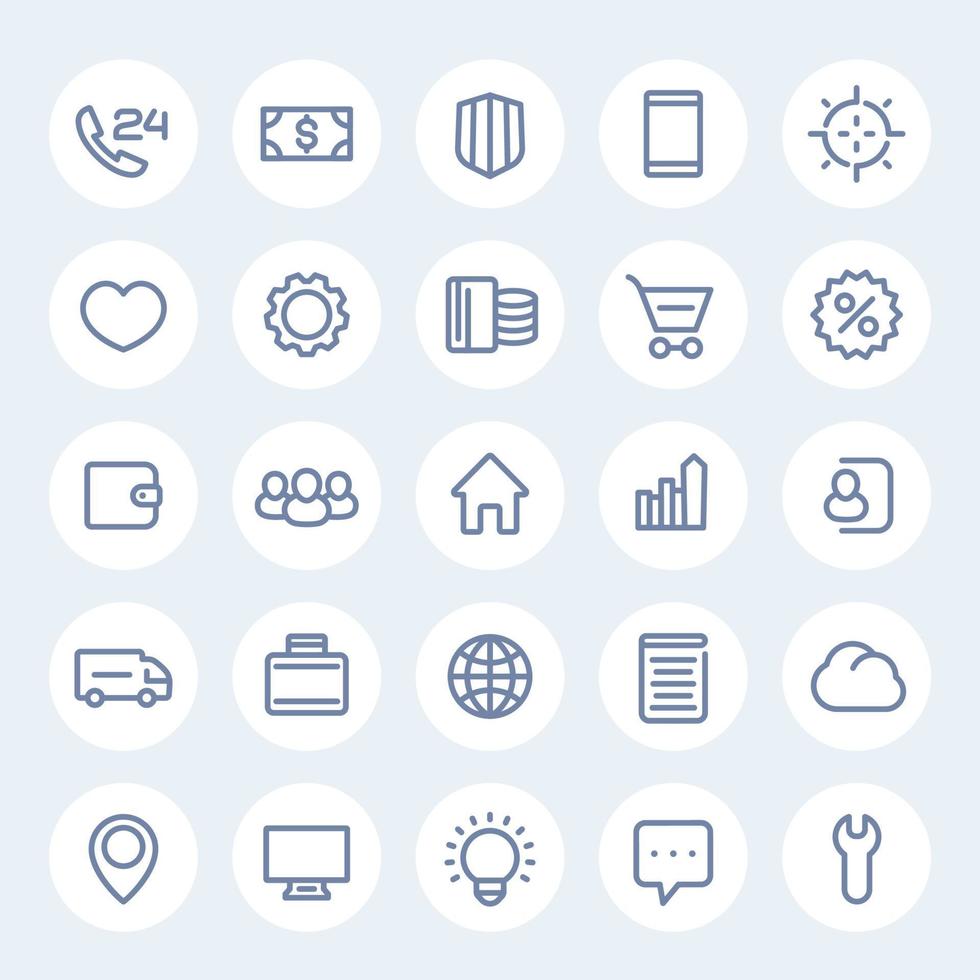 icons for web design in linear style, 25 vector pictograms on white