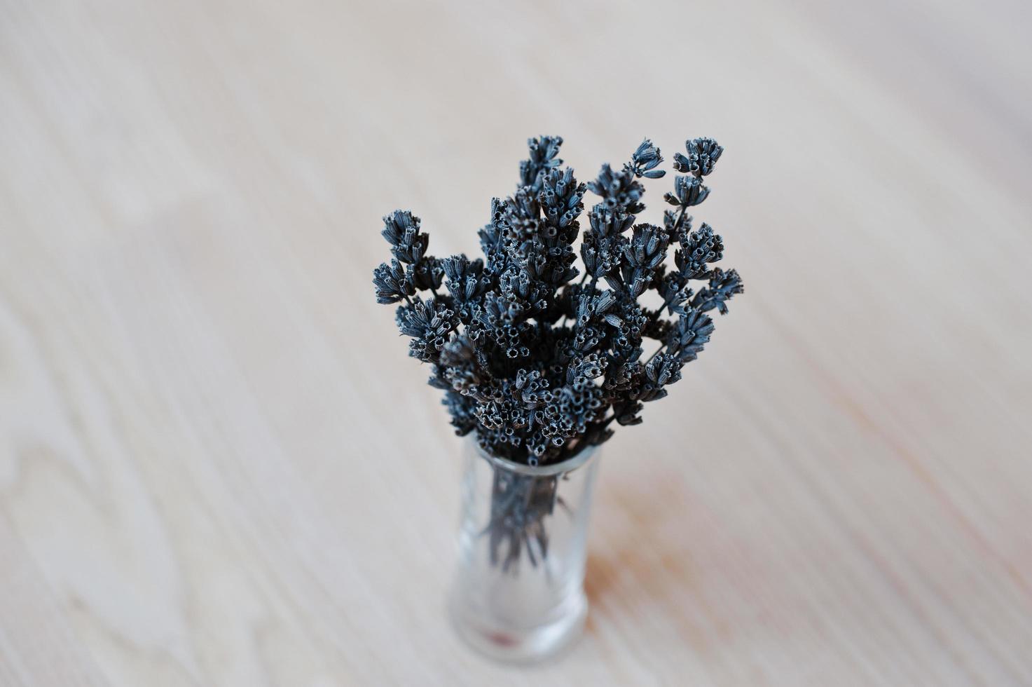 ramas secas de lavanda en un jarrón con fondo blanco de madera foto