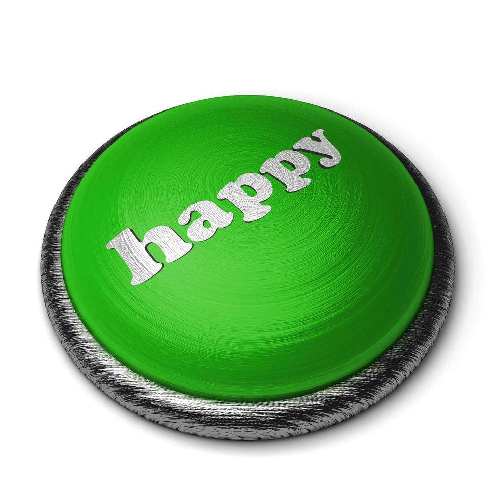 happy word on green button isolated on white photo