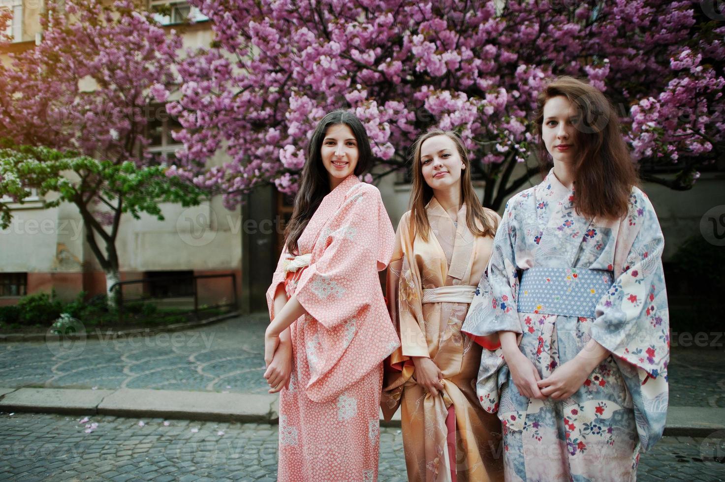 tres chicas europeas con kimono japonés tradicional flor de fondo rosa árbol de sakura foto