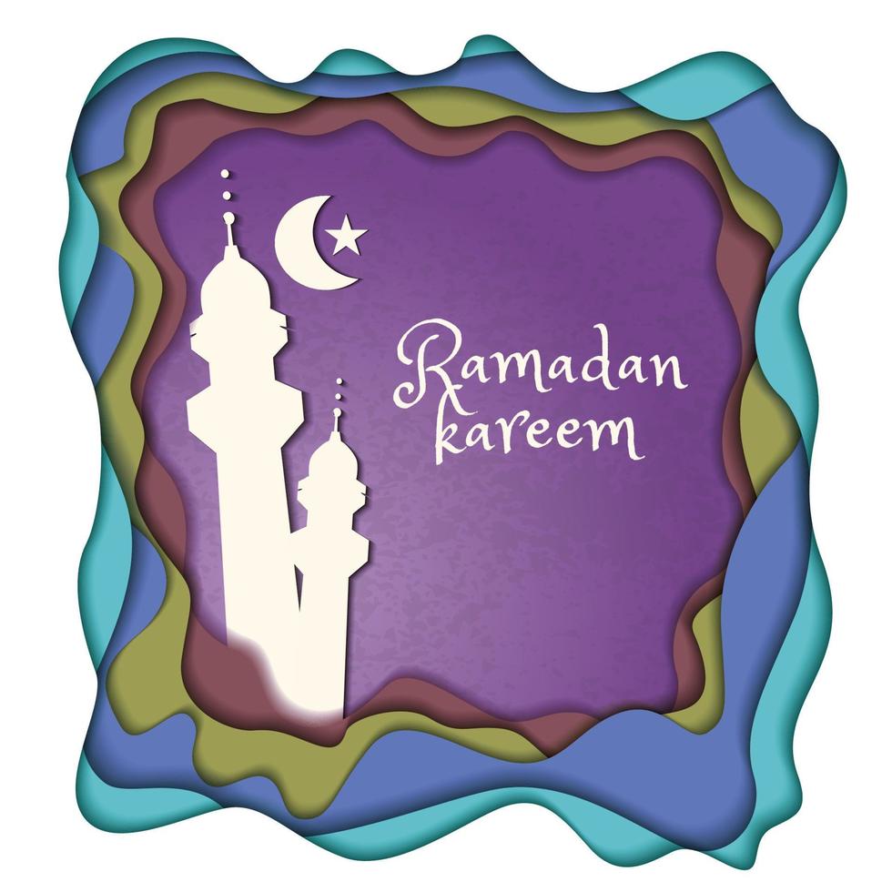 hermosa plantilla de tarjeta de felicitación ramadan kareem estilo corte de papel. ilustración de un minarete de mezquita decorado con formas geométricas de la luna y las estrellas sobre un fondo grunge. vector