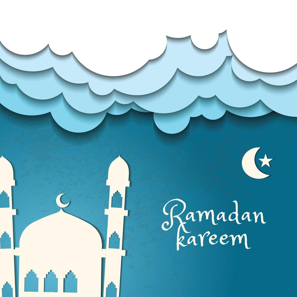Beautiful paper cut style ramadan kareem greeting card template. Illustration of a mosque minaret decorated with geometric shapes of the moon, stars, and clouds on a grunge background. vector