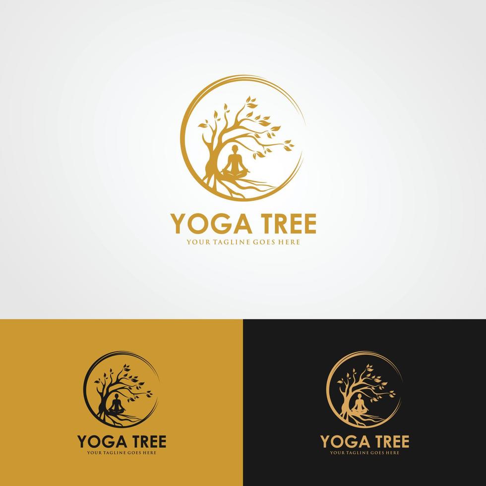 logo de yoga árbol. silueta de una persona en meditación en un marco redondo. la imagen de la naturaleza, el árbol de la vida. diseño del emblema del tronco, hojas, corona y raíces del árbol. vector logo de yoga,